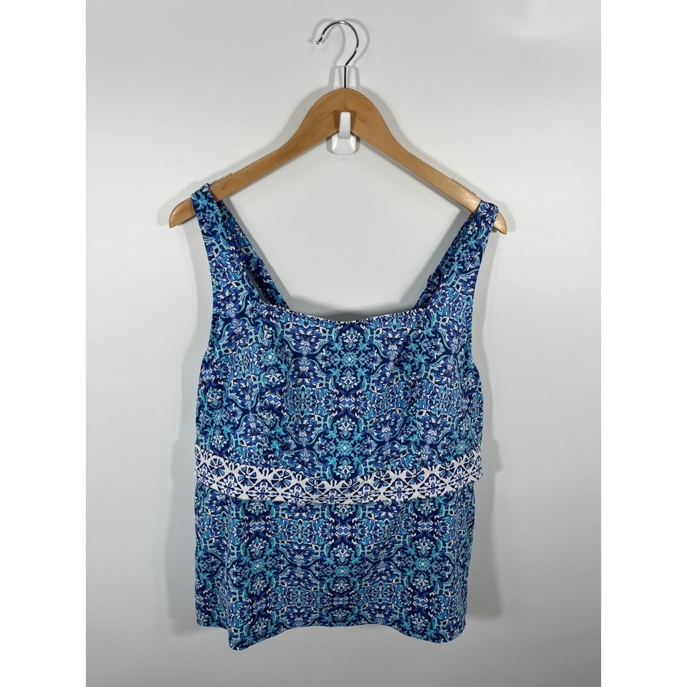 Lands End Womens 20W Blue Tankini Swim Suit Top Square Neck Beach Resort Modest